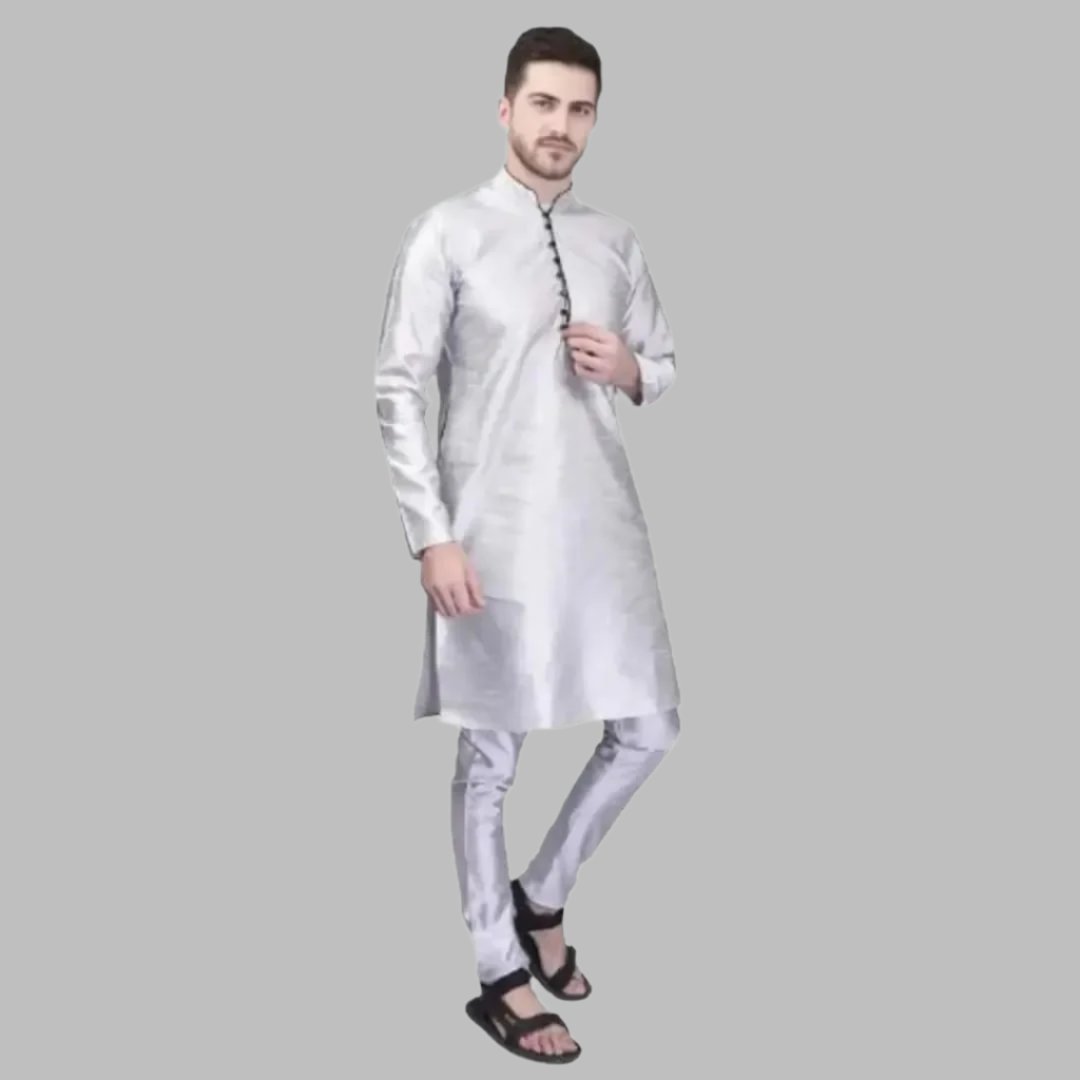 Stylish Silk Kurta & Bottom Set for Men
Size: M, L, XL, XXL
 Color:  White
 Fabric:  Silk
 Type:  Kurta Sets
 Style:  Solid
 Design Type:  Kurta & Bottom Sets
This stylish silk kurta and bottom set for men combines comfort and elegance. Made from high-quality silk, it offers a luxurious feel and drapes effortlessly on the body. The intricate design and vibrant colors make it a perfect choice for any occasion. Upgrade your traditional wardrobe with